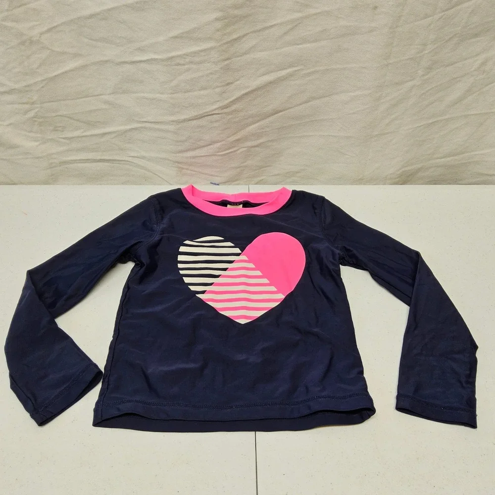 OshKosh B'gosh Rash‎ Guard Girls Size 5 Navy Blue Heart Long Sleeve Swim Shirt
